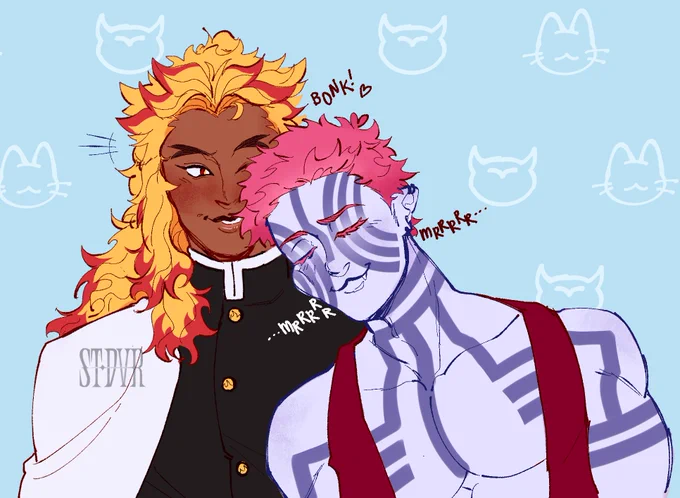 [ID: Kyojuro and Akaza side-by-side from the chest up. Akaza has leaned over into Kyojuro's space, butting his head against the side of Kyojuro's face. Kyojuro is smiling, the eye nudged by Akaza's head closed, his other looking at Akaza with equal affection. END ID.]