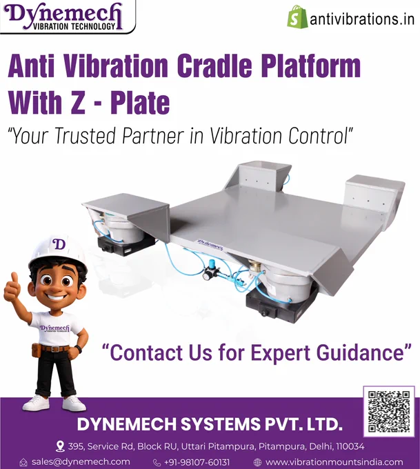 Dynemech Anti Vibration Cradle Platform with Z-Plate designed for high-performance vibration isolation, providing enhanced machine stability, improved operational accuracy, reduced shock transmission, and extended equipment life in industrial applications.