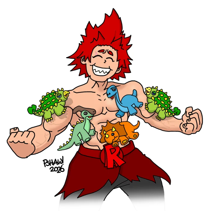 Eijiro Kirishima in his Red Riot Hero uniform, with multiple Dinosaur plushies stuck to his body