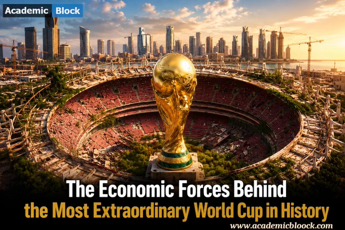 A dynamic World Cup-themed graphic highlighting the economic impact of the tournament, featuring football visuals combined with financial elements like money, charts, and global imagery.