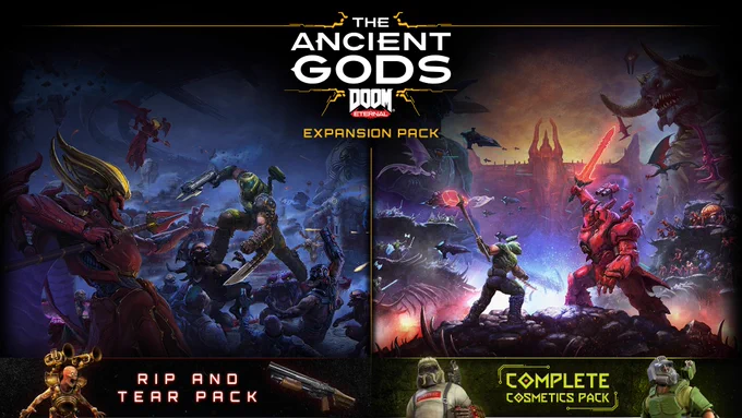 Promotional image for 'The Ancient Gods' expansion pack for DOOM Eternal. Features two sections: left outlines 'Rip and Tear Pack' with action scenes, and right highlights 'Complete Cosmetics Pack' showcasing various character appearances against a colorful background.