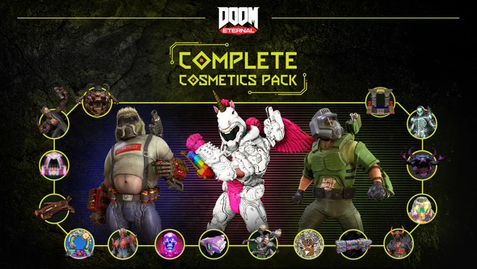 Image featuring characters from DOOM Eternal's Complete Cosmetics Pack. Characters include a heavily armored soldier, a whimsical unicorn-themed warrior, and another character with a futuristic cybernetic helmet, all displayed with vibrant colors.