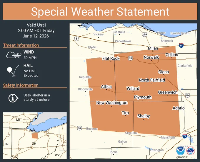 This graphic displays a special weather statement plotted on a map. The statement is in effect until 2:00 AM EDT.  The statement includes Norwalk OH, Shelby OH and  Willard OH.  The threats associated with this storm are wind gusts up to 50 MPH and no hail is expected. Seek shelter in a sturdy structure until the storm passes.