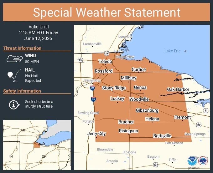 This graphic displays a special weather statement plotted on a map. The statement is in effect until 2:15 AM EDT.  The statement includes Toledo OH, Oregon OH and  Fremont OH.  The threats associated with this storm are wind gusts up to 50 MPH and no hail is expected. Seek shelter in a sturdy structure until the storm passes.