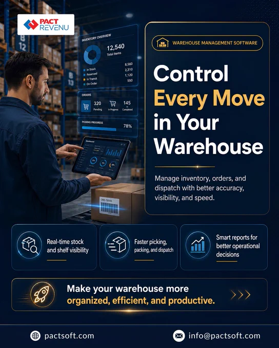 Warehouse worker using a tablet to manage inventory in a modern warehouse. The image promotes PACT REVENU Warehouse Management Software, featuring real-time stock tracking, order management, picking progress monitoring, and smart reporting tools to improve warehouse efficiency, accuracy, and productivity. 