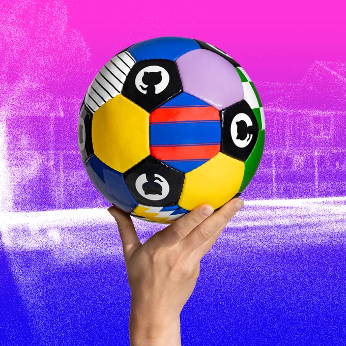 A colourful football or soccer ball held up by a hand. On the football are colourful sections and GitHub invertocats. 