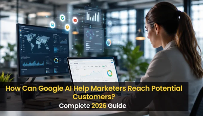 Marketing professional analyzing Google AI-powered advertising dashboards with Search, YouTube, and analytics insights, illustrating how Google AI helps marketers reach potential customers and optimize digital campaigns in 2026.