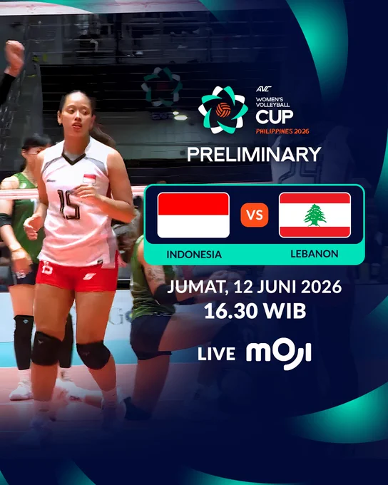 Promotional image for the AVC Women's Volleyball Cup 2026, featuring a match between Indonesia and Lebanon. The image shows a volleyball player alongside the match details.