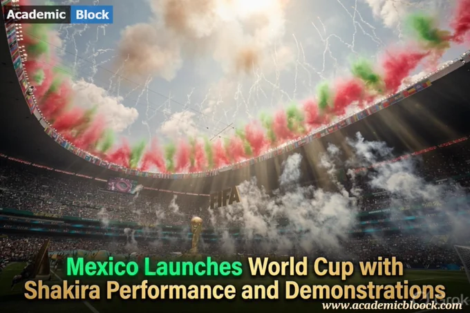 Shakira performing on a grand stage at the World Cup opening ceremony in Mexico, with bright lights, cheering crowds, and visible demonstrations nearby.