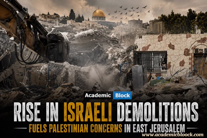 Rubble and demolished homes in East Jerusalem as Palestinian residents gather nearby, reflecting anger and distress over increasing demolitions.
