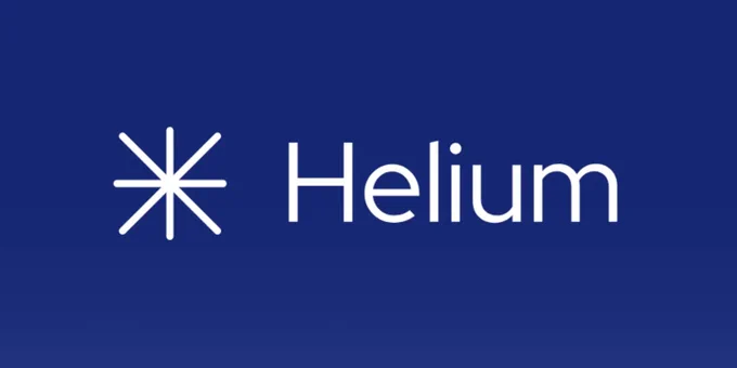 A blue background features the Helium logo, which consists of a starburst symbol next to the stylized text "Helium."