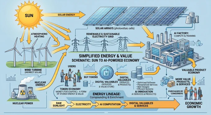 Image Generated by Gemini it shows energy flow into AI with compounding value