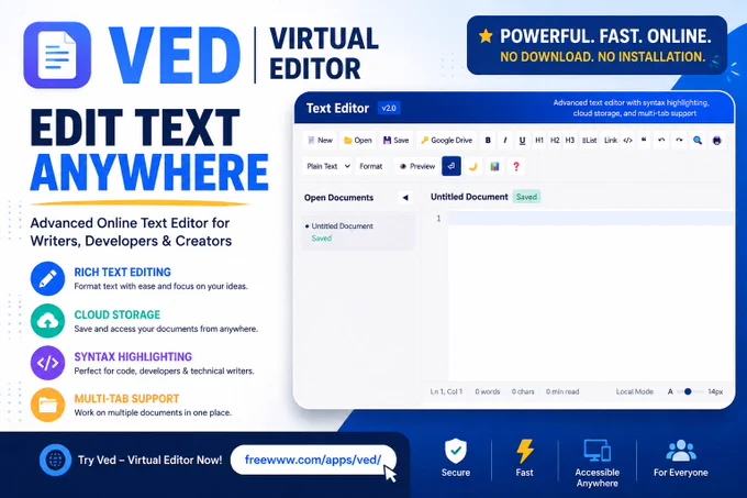 A Pinterest graphic showing Ved – Virtual Editor interface with toolbar, text area, and multi-tab editing feature.
