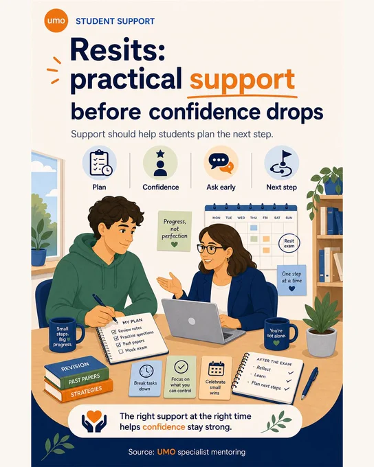 UMO-branded 4:5 graphic with the headline "Resits: practical support before confidence drops". It says resits can bring pressure, uncertainty and self-doubt, and lists breaking work into manageable actions, rebuilding confidence after setbacks, and asking for support before overwhelm takes over.