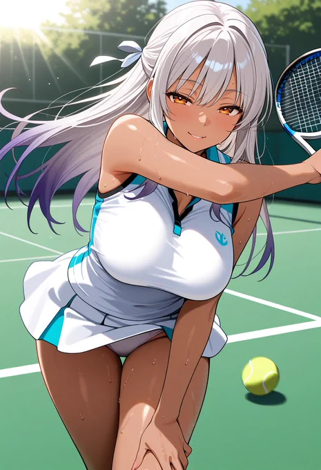 Anime illustration of a tennis player reacting to a missed return on a sunny outdoor court. The character is dressed in athletic tennis wear, with sweat from exercise and a relaxed expression. Safe-for-work sports context.