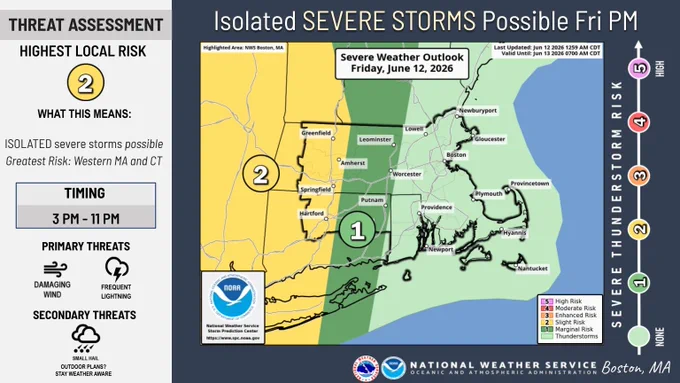 SPC graphic highlighting western MA and CT in a slight risk (2/5) for severe thunderstorms Thursday afternoon.