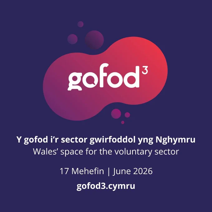 Logo of gofod3 in a red and purple gradient bubble with text promoting Wales' voluntary sector space event in June 2026.