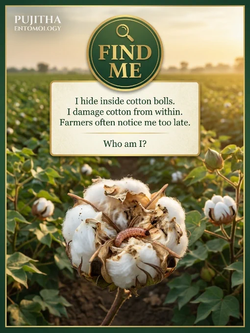 A premium agricultural puzzle poster showing a damaged cotton boll with a pink bollworm larva inside. The poster asks viewers to identify a pest that hides inside cotton bolls and causes internal damage.