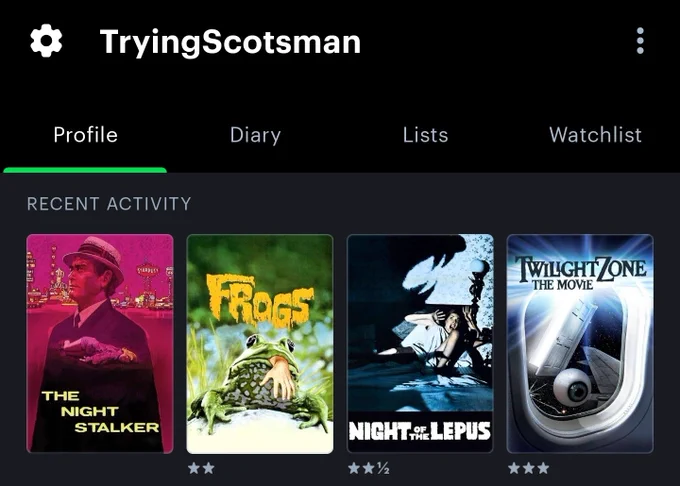 TheTryingScotsman's last four movies watched on Letterboxd.

From left to right: The Night Stalker, Frogs, Night of the Lepus, Twilight Zone: The Movie.