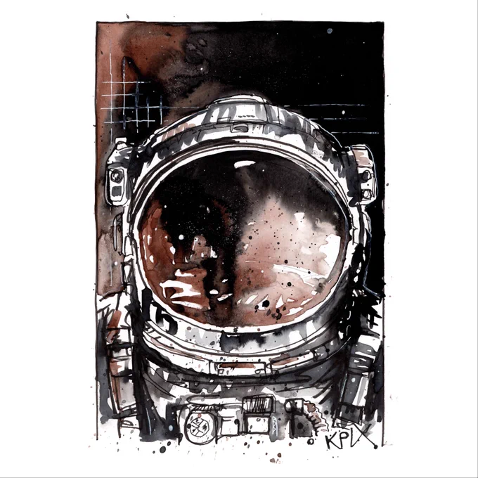 ALT-Text (DE): Nahaufnahme eines Astronauten in einem Raumanzug, als kontrastreiche Tuschezeichnung in Schwarz und Sepia auf weißem Hintergrund. Das große Visier spiegelt abstrakte Lichtflächen und dunkle kosmische Strukturen wider, während feine Spritzer und lockere Linien dem Bild eine dynamische, skizzenhafte Wirkung verleihen.
ALT-Text (EN): Close-up of an astronaut in a spacesuit, rendered as a high-contrast ink illustration in black and sepia on a white background. The large visor reflects abstract highlights and dark cosmic textures, while fine ink splatters and expressive linework create a dynamic, sketch-like appearance.
