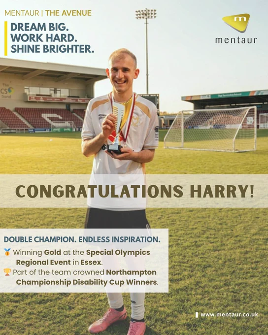 Celebrating an incredible double achievement from Harry at The Avenue! 🏅⚽
We're incredibly proud to celebrate Harry from The Avenue, who was part of the team that won Gold at the Special Olympics Regional Event in Essex and also became Northampton Championship Disability Cup Winners.
Harry's dedication, teamwork, and perseverance are an inspiration to us all. These achievements are a testament to what can be accomplished through passion, hard work, and determination.
Congratulations, Harry – this success is so well deserved! 🌟
#TeamMentaur #TheAvenue #SpecialOlympics #DisabilityFootball #GoldMedal #Champion #Inclusion #Achievement #PersonCentredCare #SupportedLiving #DreamBigWorkHardShineBrighter