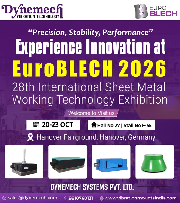 Invitation banner for Dynemech Systems Pvt. Ltd. at EUROBLECH 2026, inviting visitors to Hall 27, Stall F-55, Hanover Fairground, Germany, showcasing vibration isolation and machine levelling solutions.