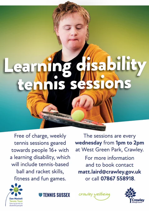 Poster for free weekly learning disability tennis sessions featuring a young person with Down's syndrome holding a tennis racket.