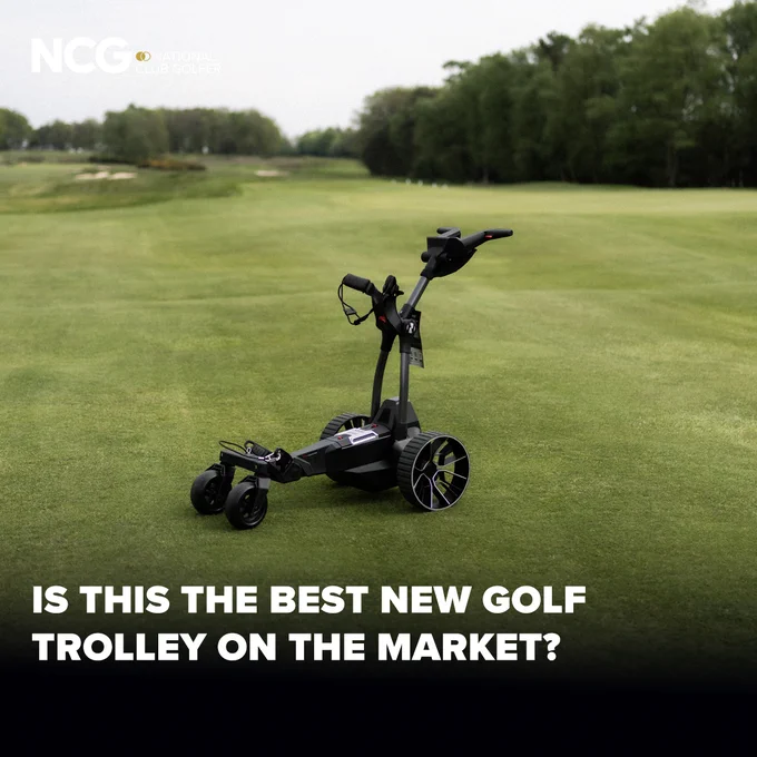 A sleek, modern golf trolley is showcased on a lush golf course. The image has a professional and clean aesthetic, highlighted by its composition and focus.