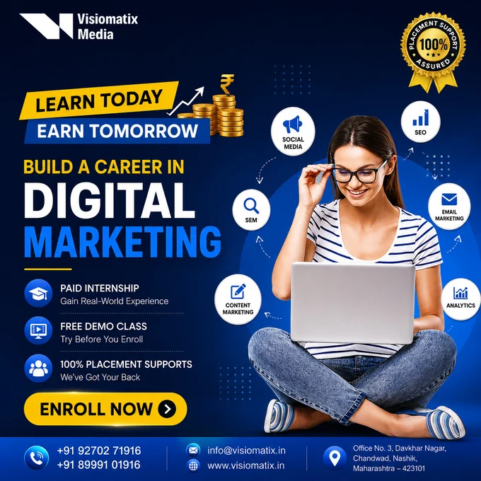 Social media is no longer just for entertainment—it's where brands grow, businesses scale, and careers are built.

Learn the skills companies are actively hiring for:

✅ SEO, SEM & SMM
✅ Facebook & Instagram Ads
✅ Google Ads (PPC)
✅ Website Development
✅ Email Marketing
✅ YouTube Marketing


👨‍🏫 Expert Faculty
💻 Practical Training
💼 Placement Support

Start learning. Start growing. Start building your future.

📞  91 92702 71916

#EnrollNow