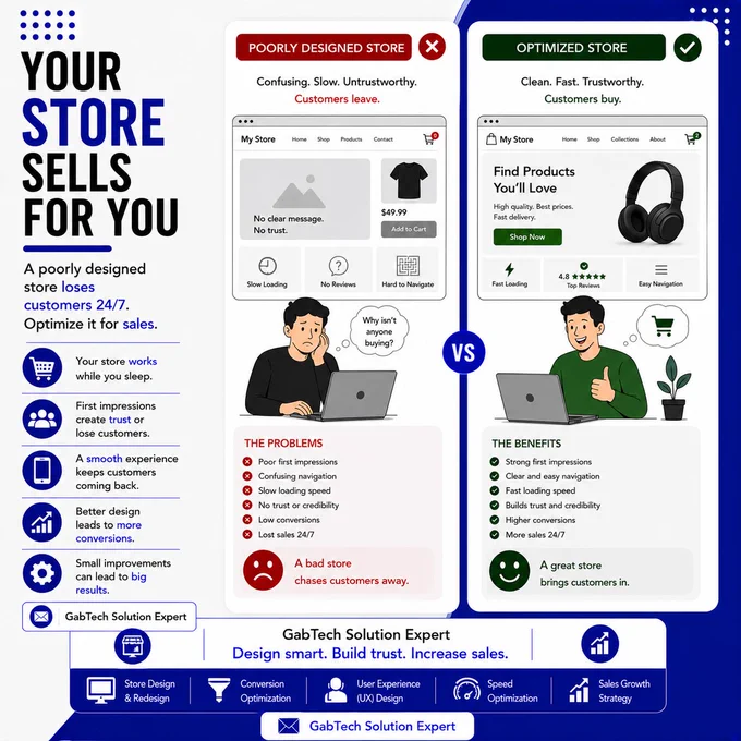 YOUR STORE SELLS FOR YOU

A poorly designed store loses customers 24/7.
Optimize it for sales.
📩 Oriola Gabriel Olamide
GabTech Solution Expert

#WebsiteDesign #ShopifyStore #EcommerceGrowth #GabTechSolution #OnlineBusiness #SalesOptimization #BusinessSuccess #DigitalMarketing