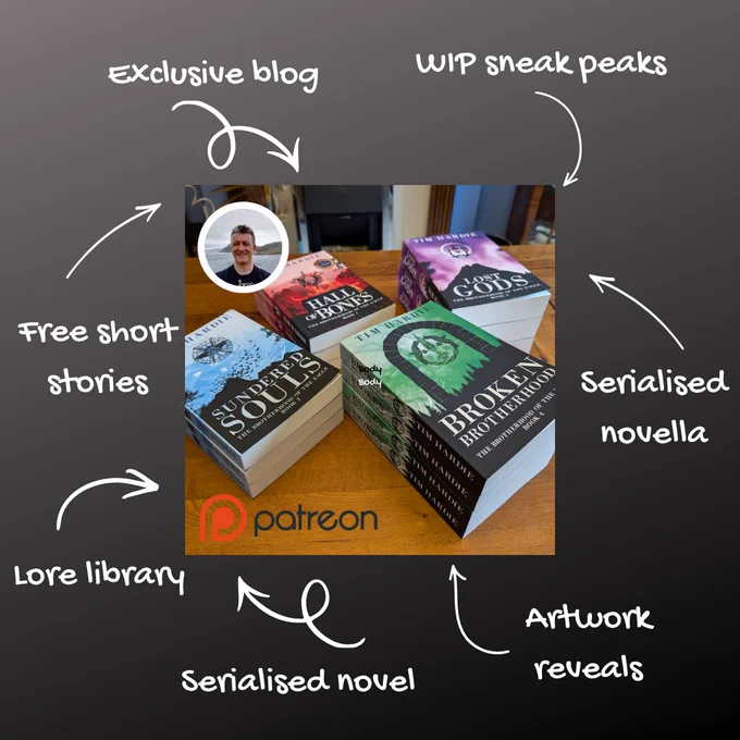 A graphic listing the features of Tim’s Patreon – exclusive blog, WIP sneak peaks, serialised novella, artwork reveals, serialised novel, free short stories