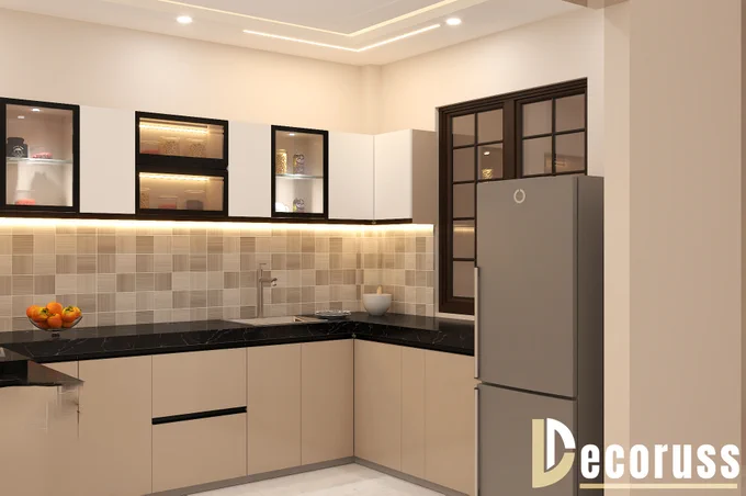Contemporary U-shaped modular kitchen with premium acrylic cabinetry, black stone countertops, pendant lighting, designer glass shutters, breakfast counter, and modern luxury interior design by Decoruss.