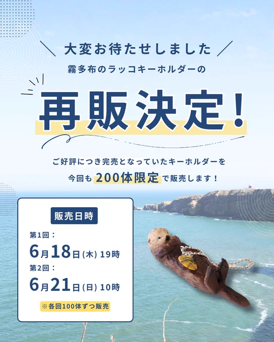 霧多布ラッコ🦦キーホルダー、再販決定✨のお知らせ