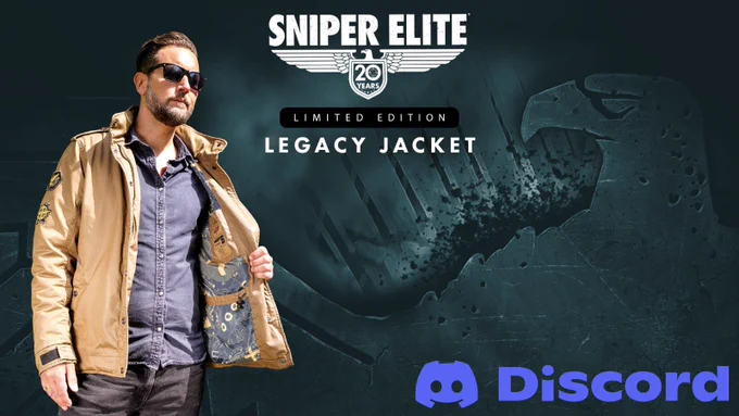 A person wearing a tan jacket stands confidently. The image features logos of "Sniper Elite 20 Years" with "Limited Edition Legacy Jacket" text, and the "Discord" logo is visible at the bottom. The background includes an eagle illustration.