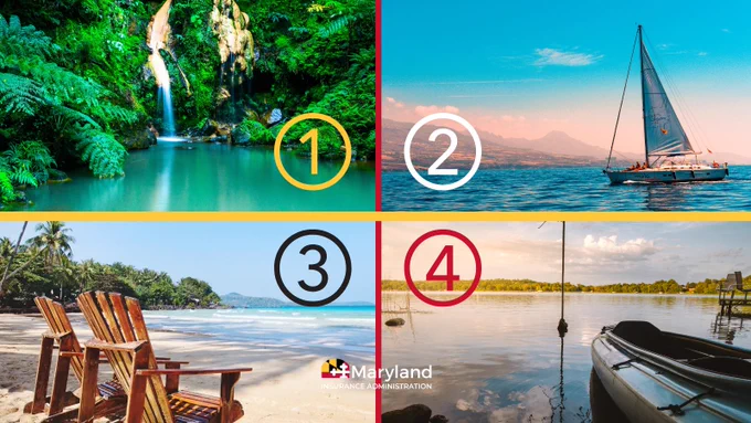 Collage of serene vacation scenes: 1) Waterfall in a forest, 2) Sailboat on calm sea, 3) Tropical beach with chairs, 4) Canoe on peaceful lake at sunset.