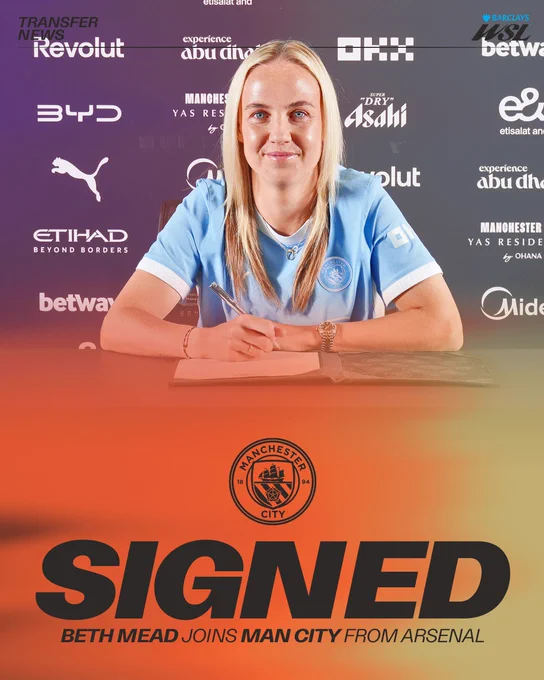 A transfer announcement graphic set against a background that transitions from a dark grey sponsor wall at the top to a warm orange and yellow gradient at the bottom. In the top corners, black text reading "TRANSFER NEWS" sits on the left, and the Barclays WSL logo is on the right.

The central focus is a photograph of Beth Mead sitting at a desk, smiling softly at the camera as she holds a pen over an open contract folder. She is wearing a light blue Manchester City kit, and various club sponsor logos are visible on the dark wall behind her.

Below her portrait is a black line-art version of the Manchester City club crest. Dominating the bottom section is the word "SIGNED" in massive, bold, black letters. Below this, smaller black text reads: "BETH MEAD JOINS MAN CITY FROM ARSENAL", with her name and the new club heavily bolded and italicised for emphasis.