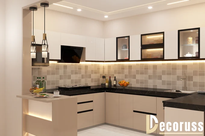 Premium modular kitchen interior with black quartz countertop, illuminated glass cabinets, under-cabinet LED lighting, smart storage solutions, and elegant contemporary kitchen design by Decoruss in Lucknow.