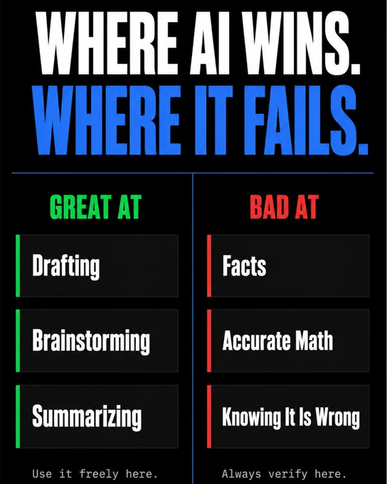 Split comparison infographic titled Where AI Wins Where It Fails. Left column in green shows Great At with items Drafting, Brainstorming, Summarizing. Right column in red shows Bad At with items Facts, Accurate Math, Knowing It Is Wrong.