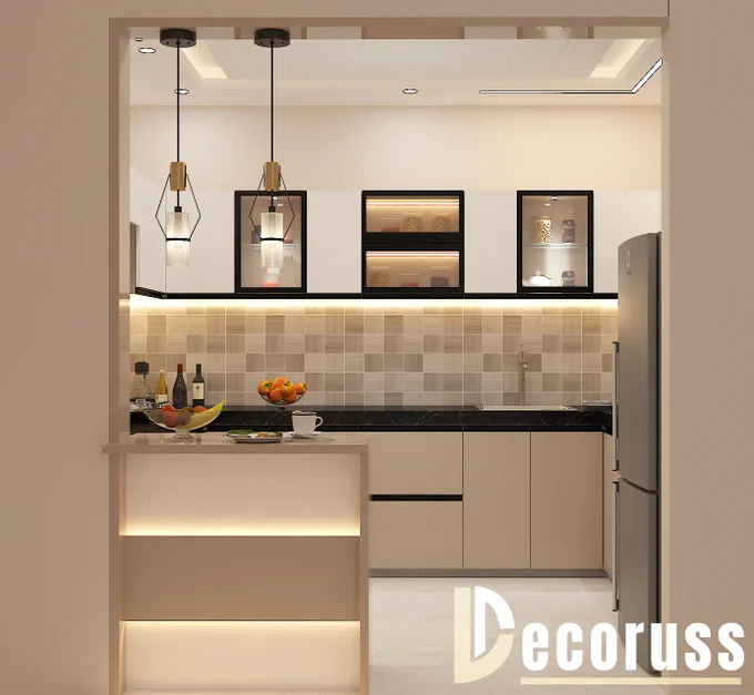 Luxury acrylic modular kitchen cabinet design with sleek wall units, integrated storage, warm LED lighting, modern kitchen elevation, and customized residential interior concept by Decoruss Lucknow.