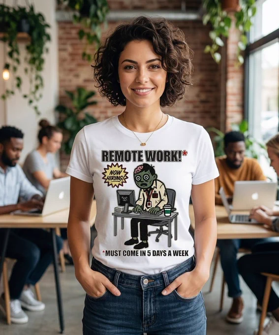 A dark comedy vector illustration of a stressed zombie employee locked to his desk typing frantically under a flashy "NOW HIRING" sign, with sarcastic text reading "REMOTE WORK!* *MUST COME IN 5 DAYS A WEEK."