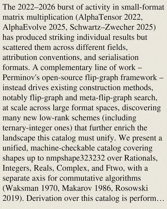 The 2022–2026 burst of activity in small-format matrix multiplication (AlphaTensor 2022, AlphaEvolve 2025, Schwartz–Zwecher 2025) has produced striking individual results but scattered them across different fields, attribution conventions, and serialisation formats. A complementary line of work – Perminov's open-source flip-graph framework – instead drives existing construction methods, notably flip-graph and meta-flip-graph search, at scale across large format spaces, discovering many new low-rank schemes (including ternary-integer ones) that further enrich the landscape this catalog must unify. We present a unified, machine-checkable catalog covering shapes up to nmpshape323232 over Rationals, Integers, Reals, Complex, and Ftwo, with a separate axis for commutative algorithms (Waksman 1970, Makarov 1986, Rosowski 2019). Derivation over this catalog is performed by a frontier-closure search that recombines catalog entries by axis-flip, Kronecker, axis concatenation, serendipitous prod