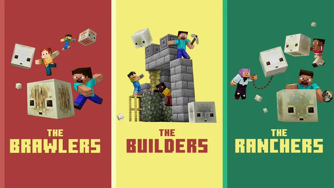 左から赤色、黄色、緑色に分かれ、それぞれに「The Brawlers (お騒がせ屋)」、「The Builders (建築家)」、「The Ranchers (牧場主)」というテキストが書かれた画像。