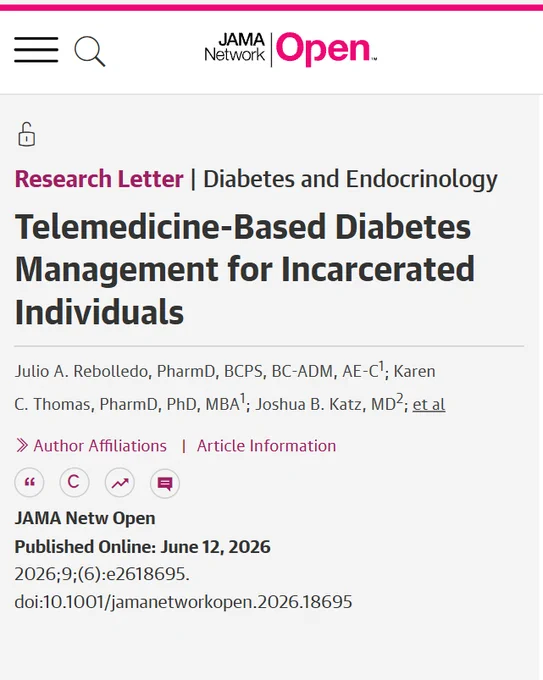 JAMA Network Open article: 'Telemedicine-Based Diabetes Management for Incarcerated Individuals.' A Research Letter in Diabetes and Endocrinology by Julio A. Rebolledo et al., published online June 12, 2026. DOI: 10.1001/jamanetworkopen.2026.18695