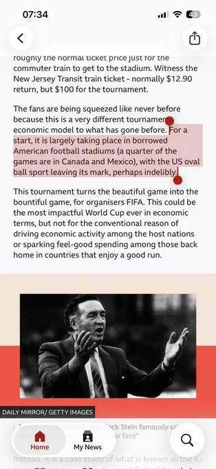 Highlighted text reads: For a start, it is largely taking place in borrowed American football stadiums (a quarter of the games are in Canada and Mexico), with the US oval ball sport leaving its mark, perhaps indelibly.