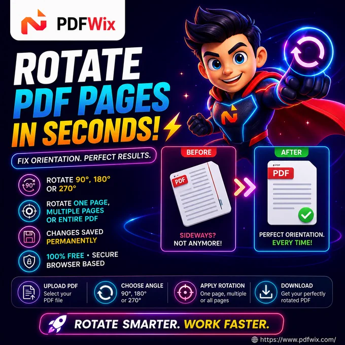 PDFWix Rotate PDF tool — rotate individual pages or entire PDF to fix sideways or upside-down orientation. Browser-based, free, no signup, no watermark.

#RotatePDF #FixPDFOrientation #PDFRotator #OrganizePDF #FreePDFTools #PDFManagement #DocumentManagement #BusinessProductivity #StudentProductivity #HRTools #WorkFromHome #FreeOnlineTools