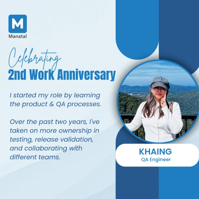 Celebration graphic for a QA engineer's 2nd work anniversary at Manatal, highlighting their achievements.