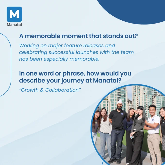 A group of diverse individuals from the Manatal team posing happily together, highlighting teamwork and success. The image includes a text overlay describing memorable moments and the journey at the company.