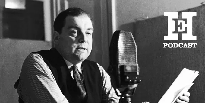 This image shows a person seated in front of a vintage microphone, holding papers. The HistoryExtra Podcast logo is visible in the corner.