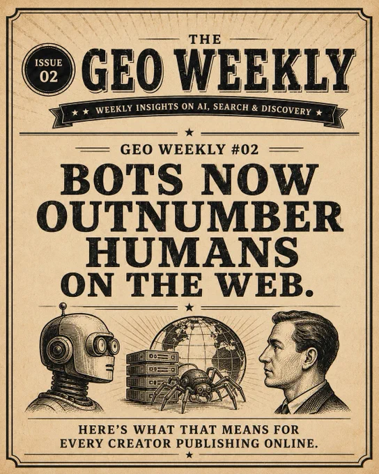 A robot and a man discuss bots outnumbering humans online, with illustrations of a globe and a spider in a vintage-style layout.