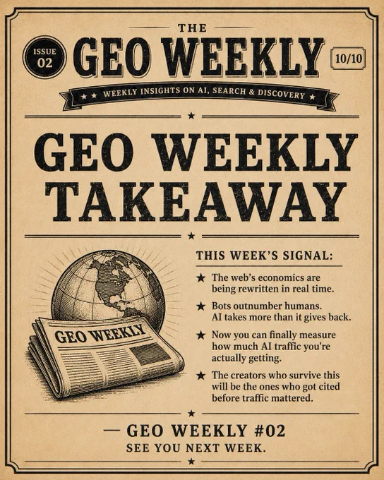 A vintage-style newsletter design features a globe and highlights key takeaways about web economics, AI traffic, and content creation.